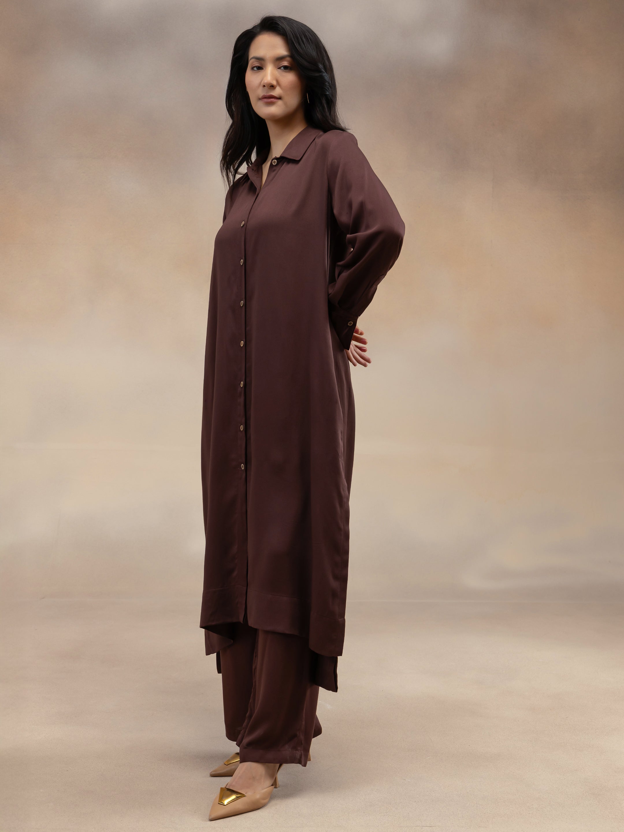 Women Brown Modal Shirt-Style Kurta Set