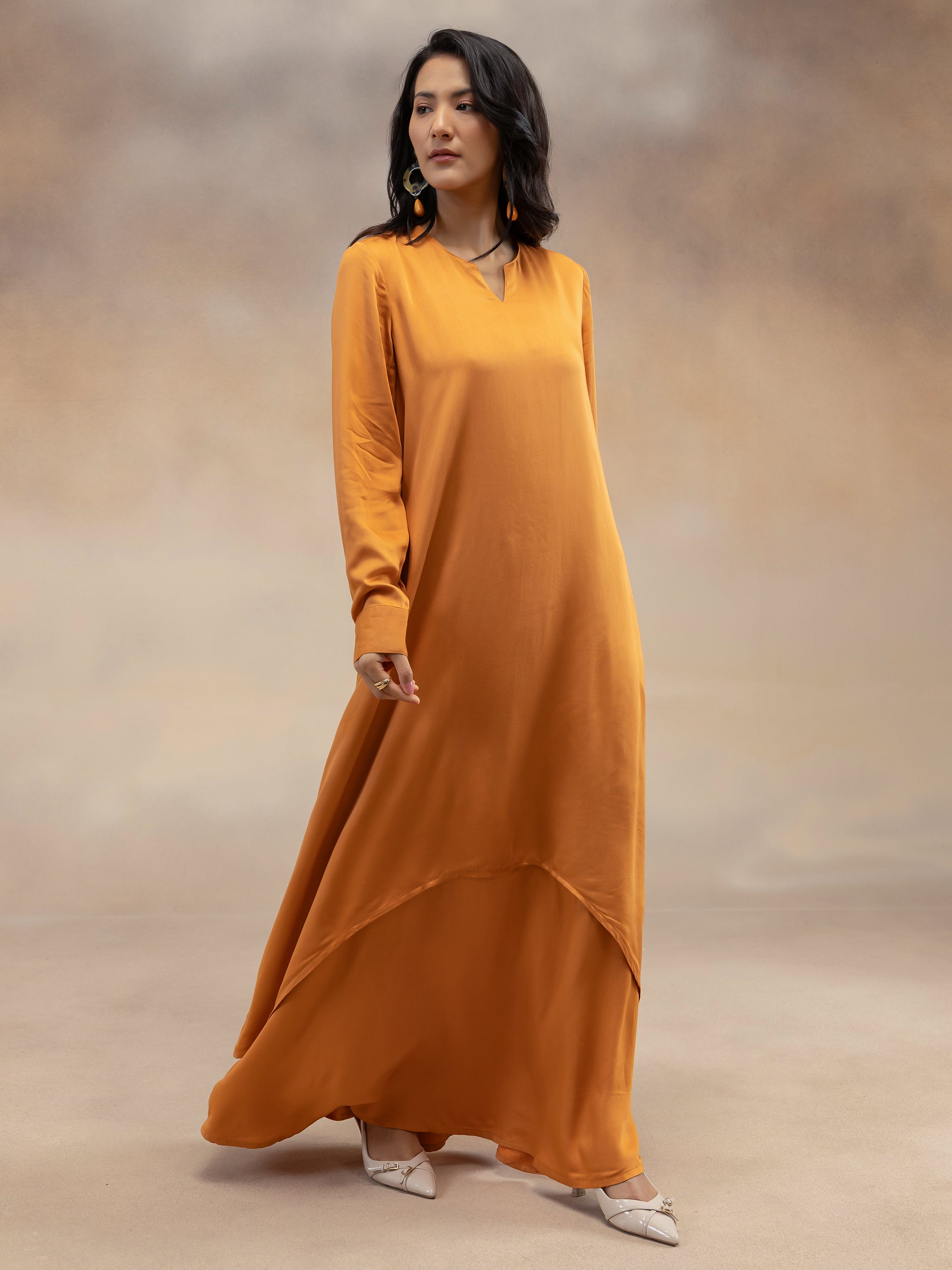 Women Rust Solid Modal Layered Maxi Dress