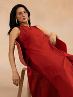 Women Red Cotton Slub Straight Kurta