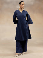 Women Navy Cotton Dobby Angrakha Kurta Set