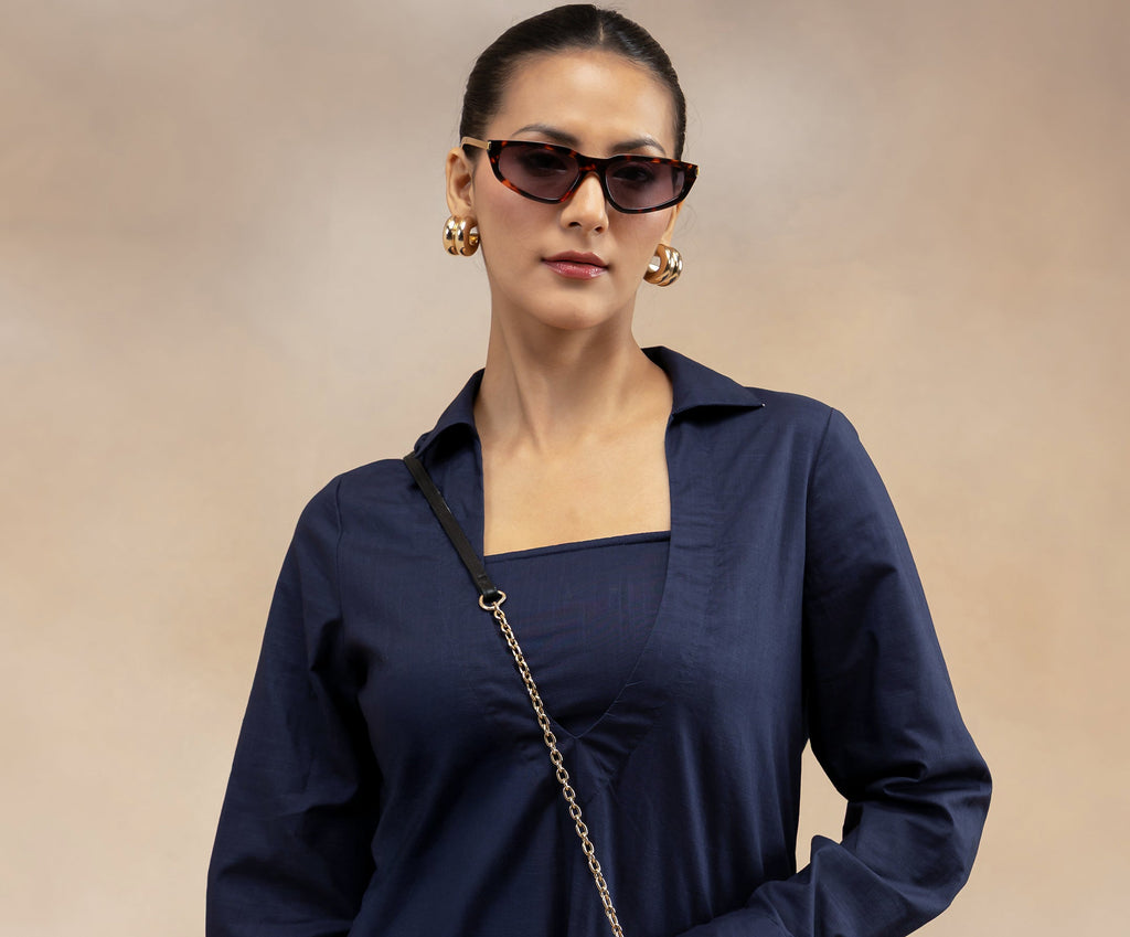 Women Navy Cotton Slub 3-Piece Kurta Set