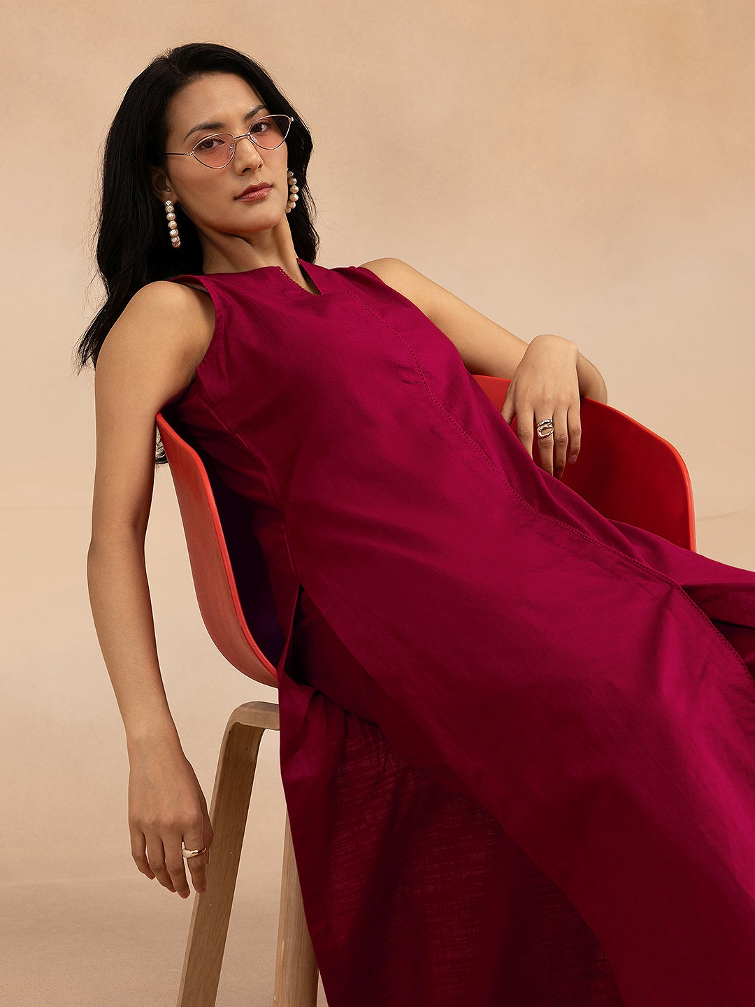 Women Magenta Pink Cotton Slub Straight Kurta Set