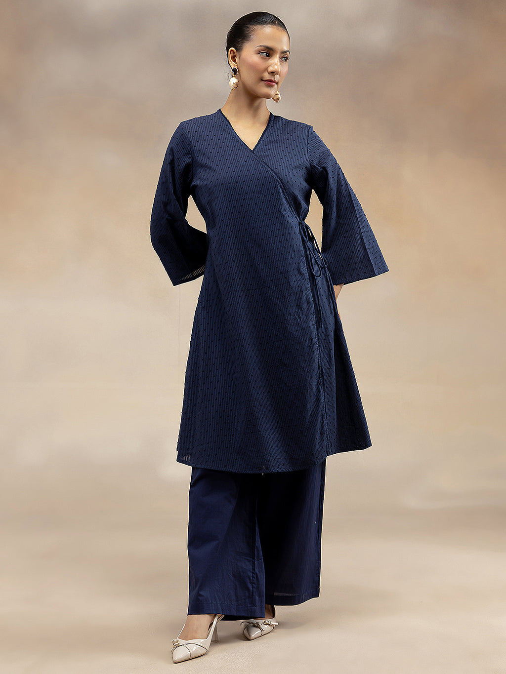 Women Navy Cotton Dobby Angrakha Kurta