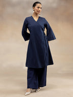 Women Navy Cotton Dobby Angrakha Kurta