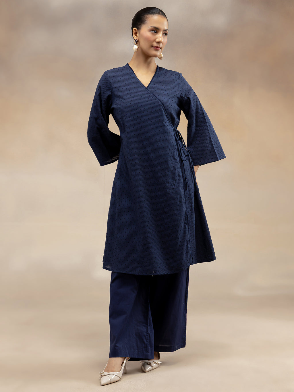 Women Navy Cotton Dobby Angrakha Kurta Set