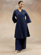 Women Navy Cotton Dobby Angrakha Kurta Set