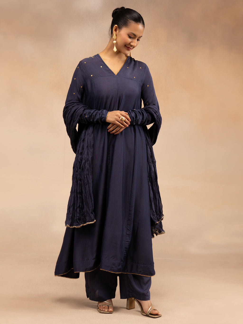 Women Navy Solid Zari Embroidered Anarkali Dress with Crushed Dupatta