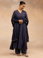 Women Navy Solid Zari Embroidered Anarkali Dress with Crushed Dupatta