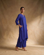Women Royal Blue Cotton Solid V-Neck Asymmetric Kurta Pant Dupatta Set