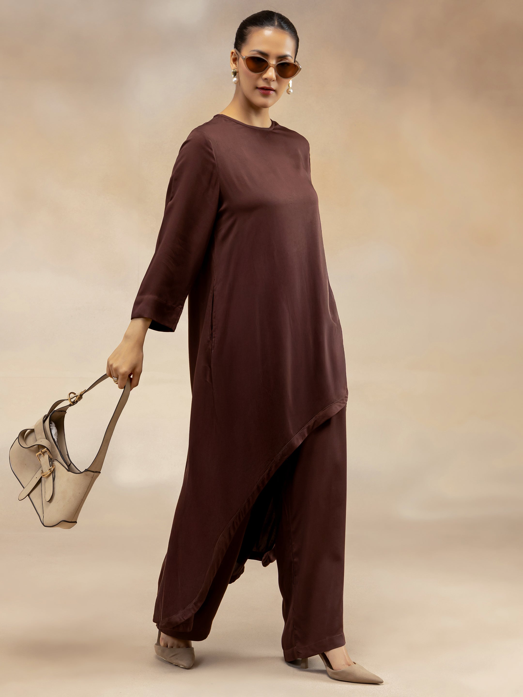 Women Brown Modal Asymmetric-Cut Kurta Set