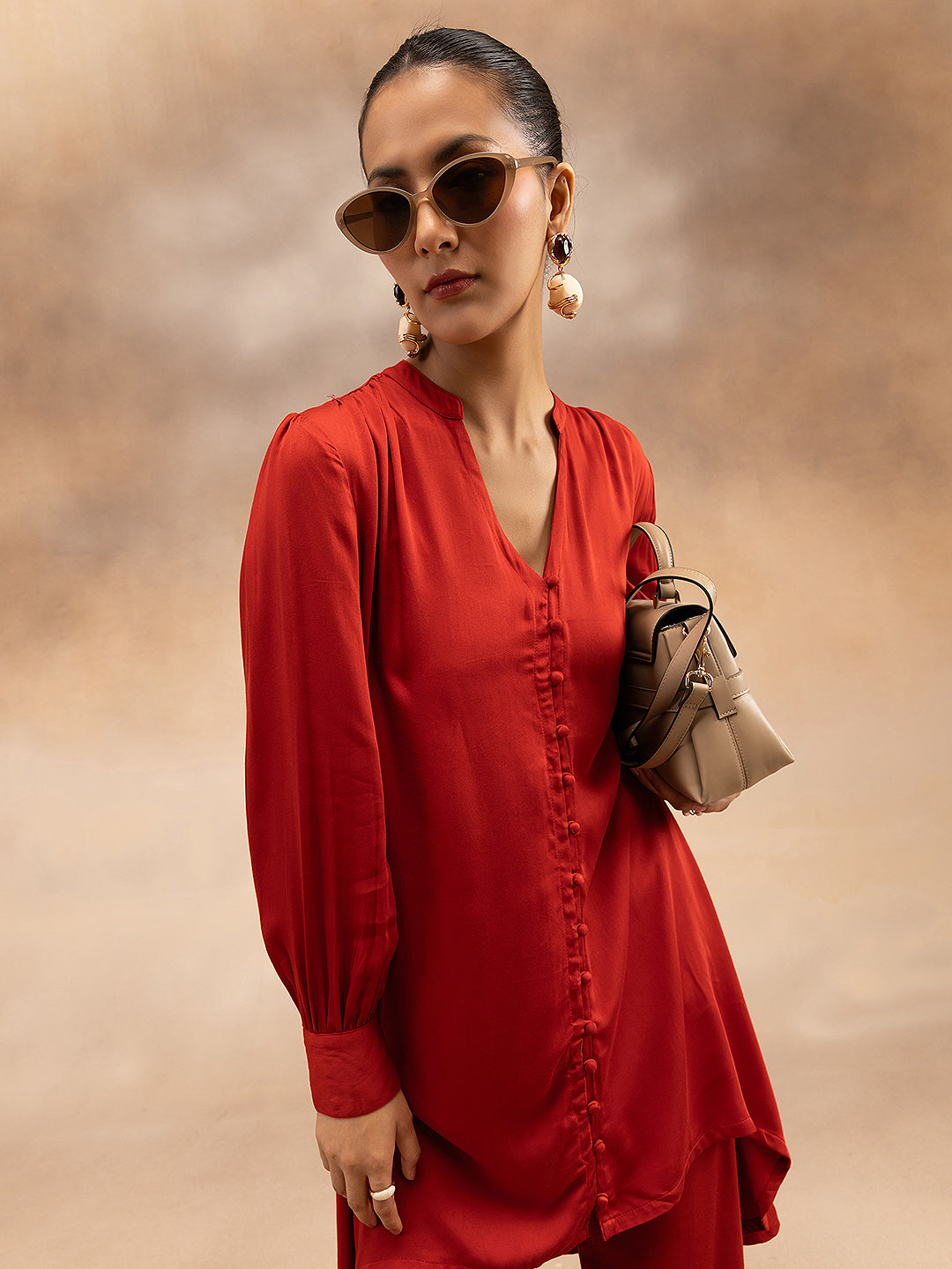 Women Red Modal Asymmetric Hem Kurta