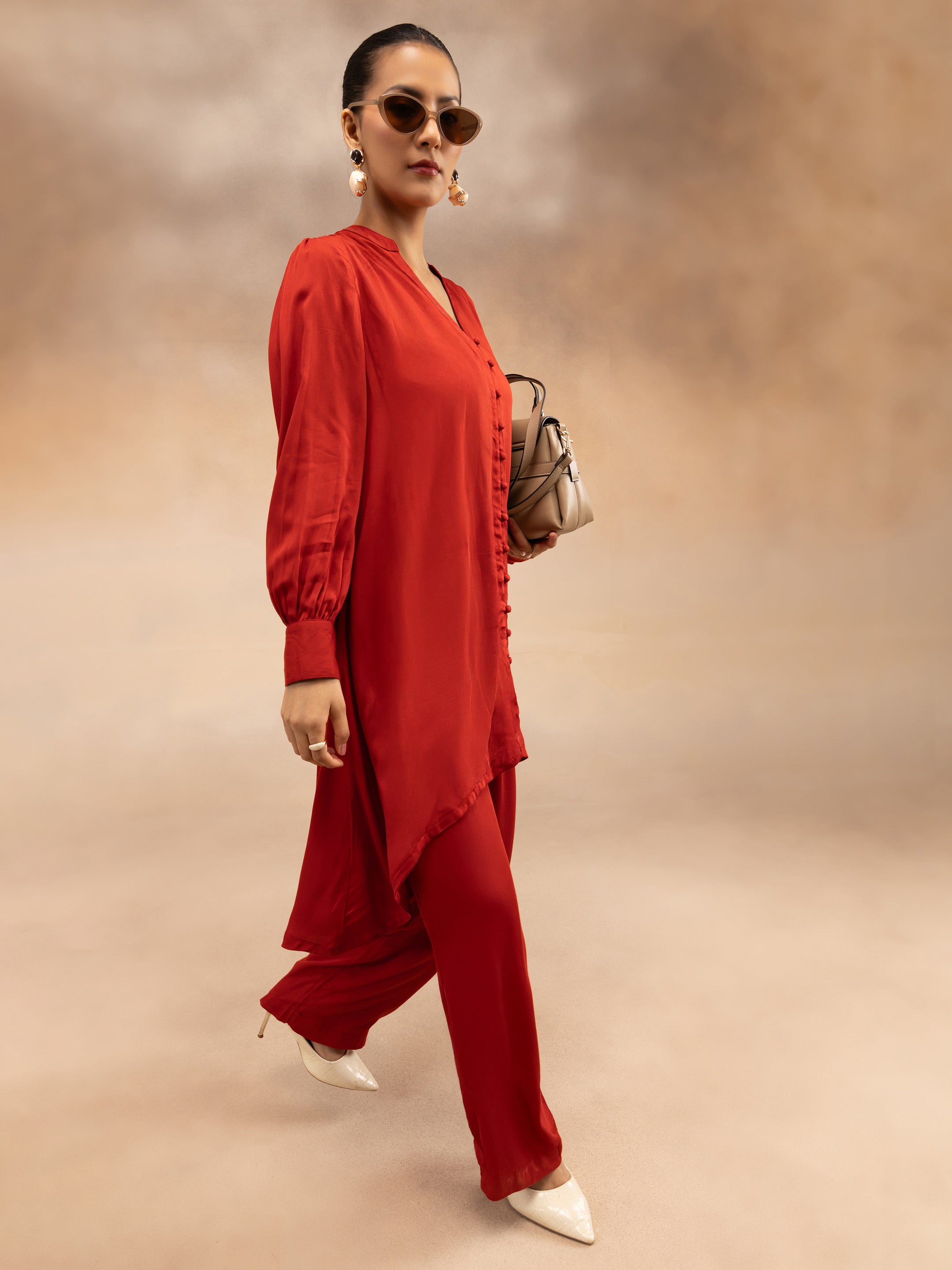 Women Red Modal Asymmetric Hem Kurta Set