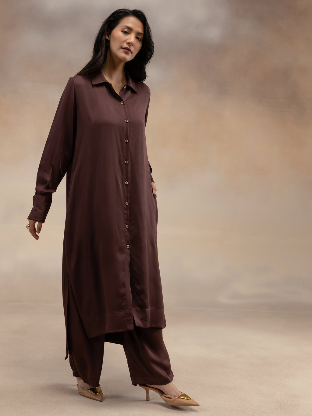 Women Brown Modal Shirt-Style Kurta Set