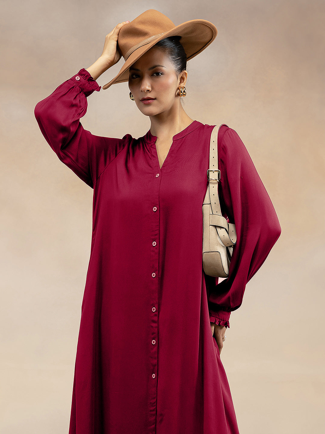 Women Magenta Modal Button-Down Kurta