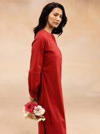 Women Red Cotton Slub Pleated Kurta