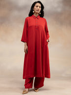 Women Red Modal Kurta with Bead Embellishment
