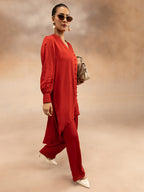Women Red Modal Asymmetric Hem Kurta