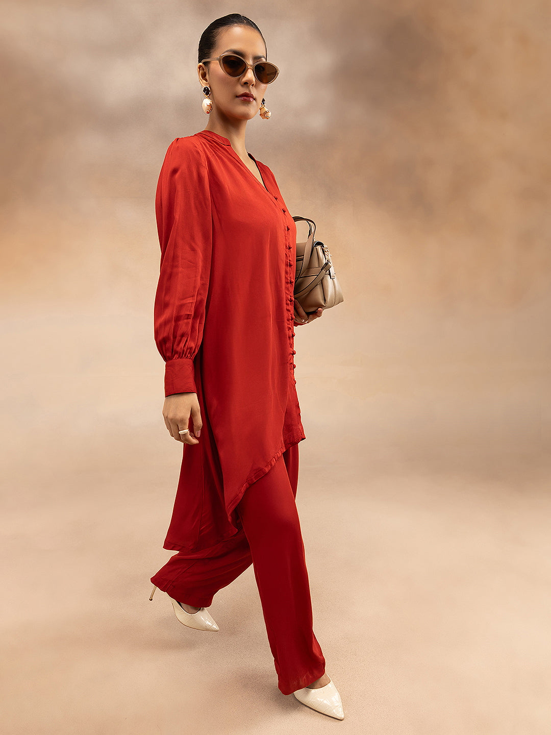 Women Red Modal Asymmetric Hem Kurta
