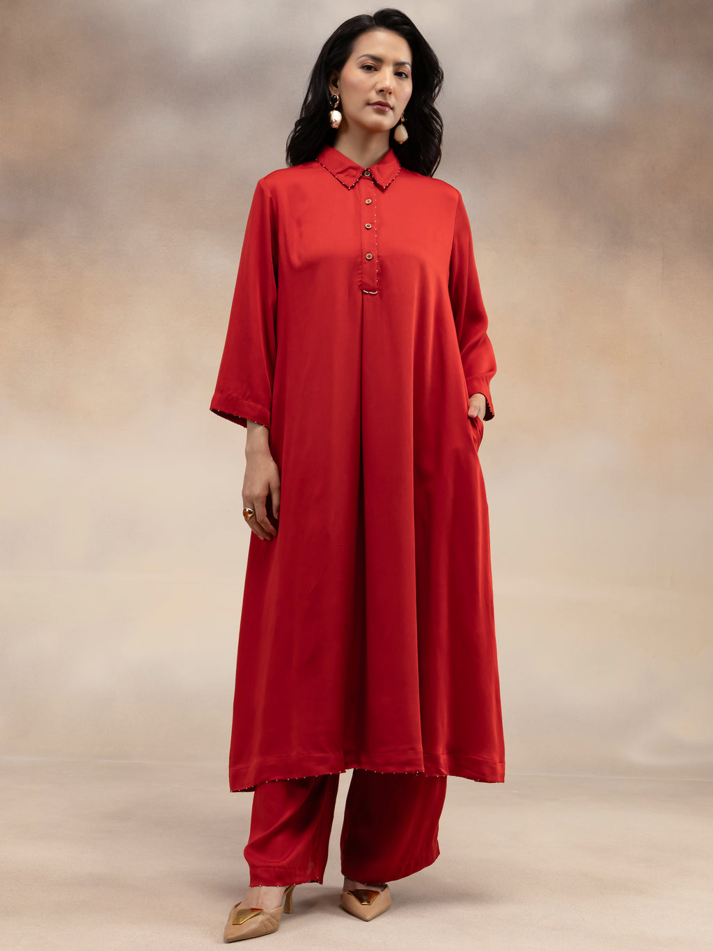 Women Red Modal Kurta Set with Bead Embellishment