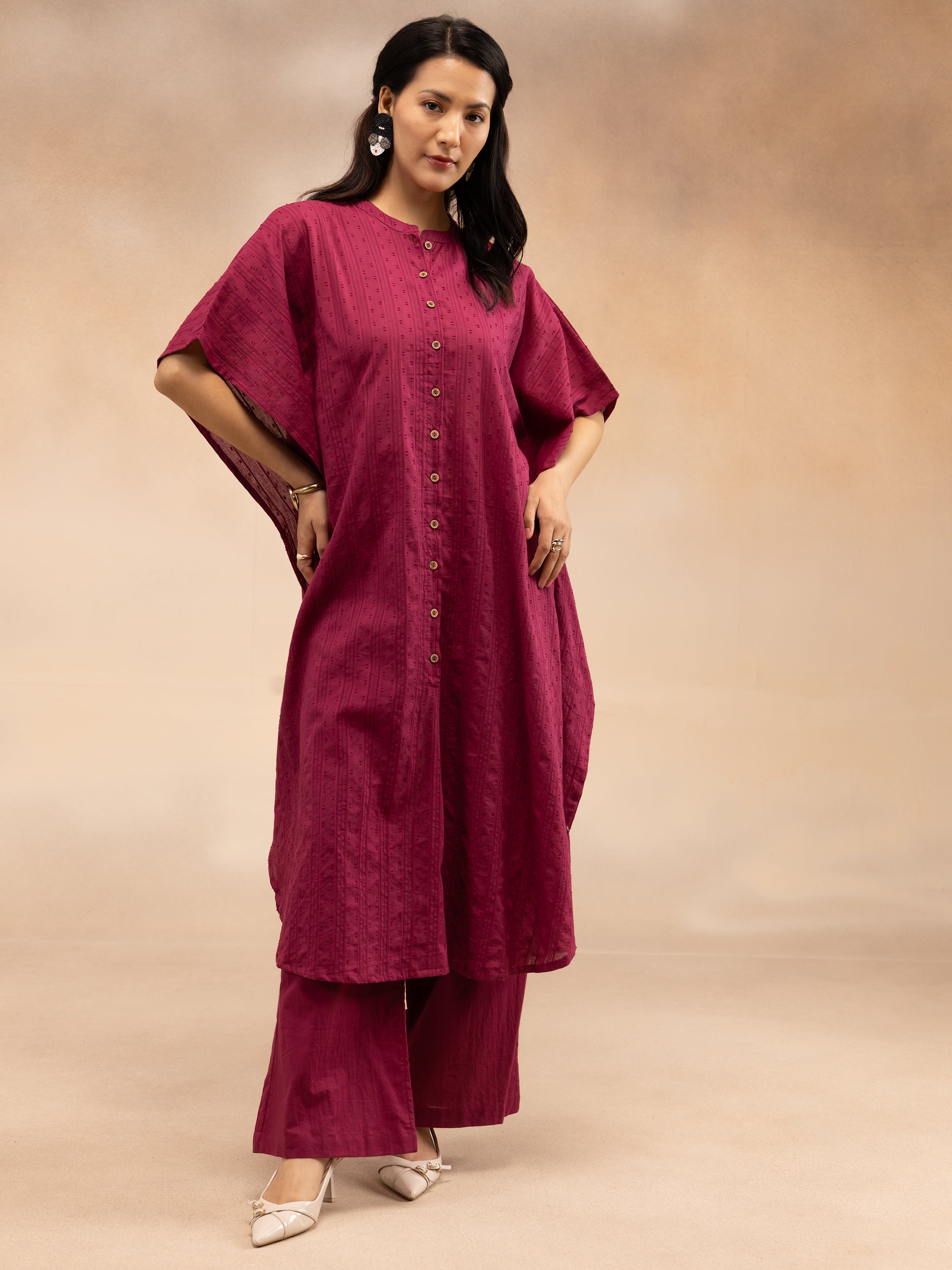 Women Magenta Cotton Dobby Kaftan Kurta Set