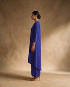 Women Royal Blue Cotton Solid V-Neck Asymmetric Kurta Pant Dupatta Set