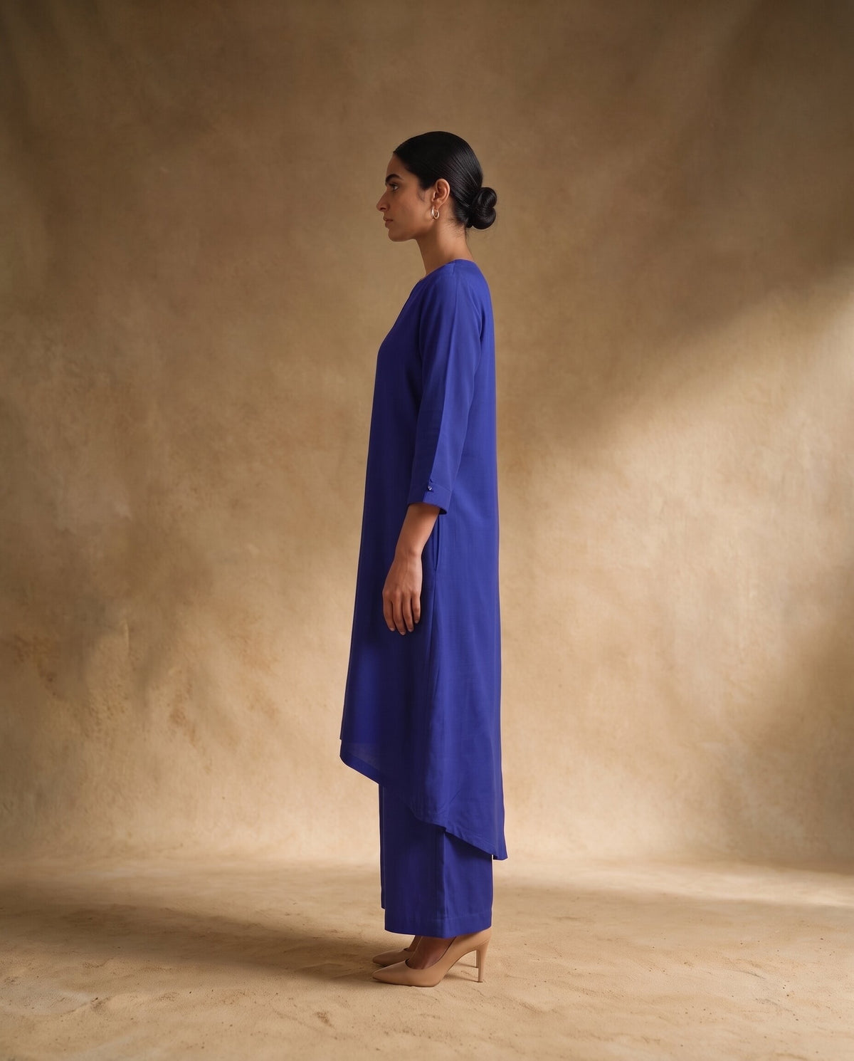 Women Royal Blue Cotton Solid V-Neck Asymmetric Kurta Pant Dupatta Set