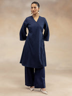Women Navy Cotton Dobby Angrakha Kurta
