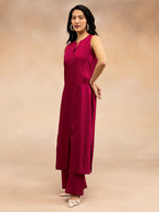 Women Magenta Pink Cotton Slub Straight Kurta Set