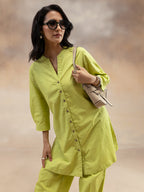 Women Lime Green Solid Cotton Slub Kurta