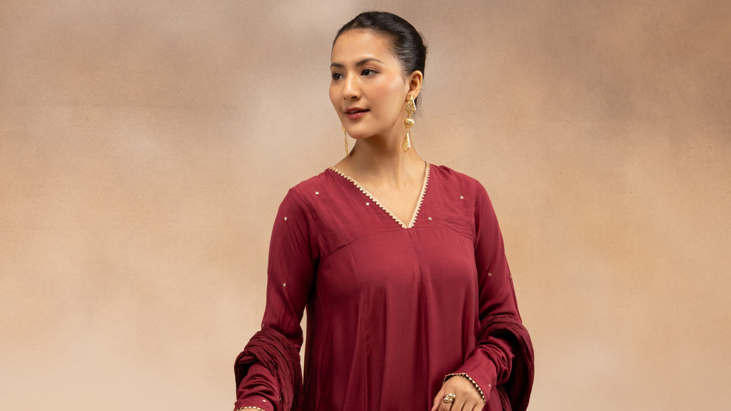 Women Maroon Solid Zari Embroidered Anarkali Dress with Crushed Dupatta