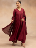 Women Maroon Solid Zari Embroidered Anarkali Dress with Crushed Dupatta