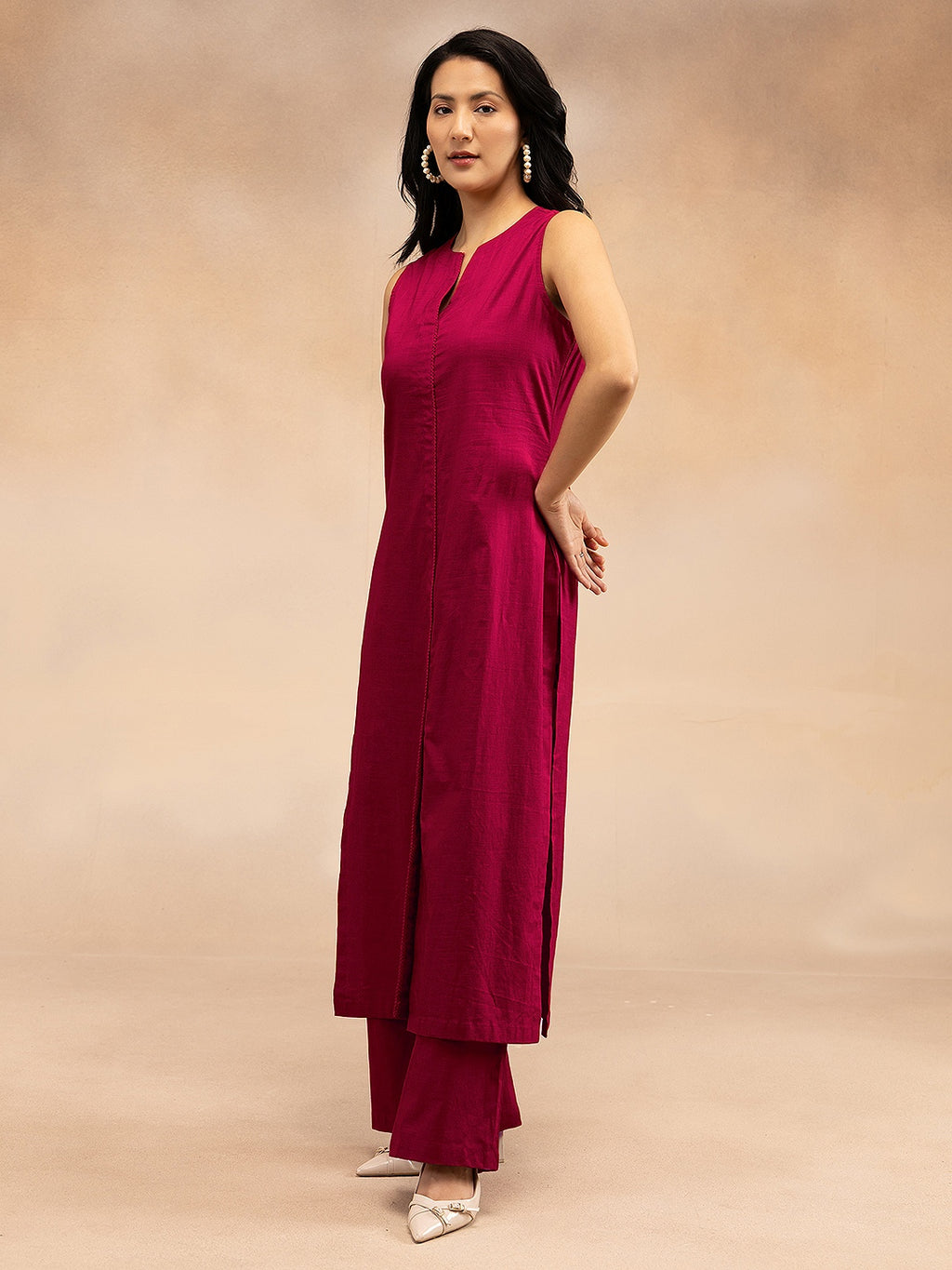 Women Magenta Pink Cotton Slub Straight Kurta