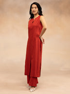 Women Red Cotton Slub Straight Kurta
