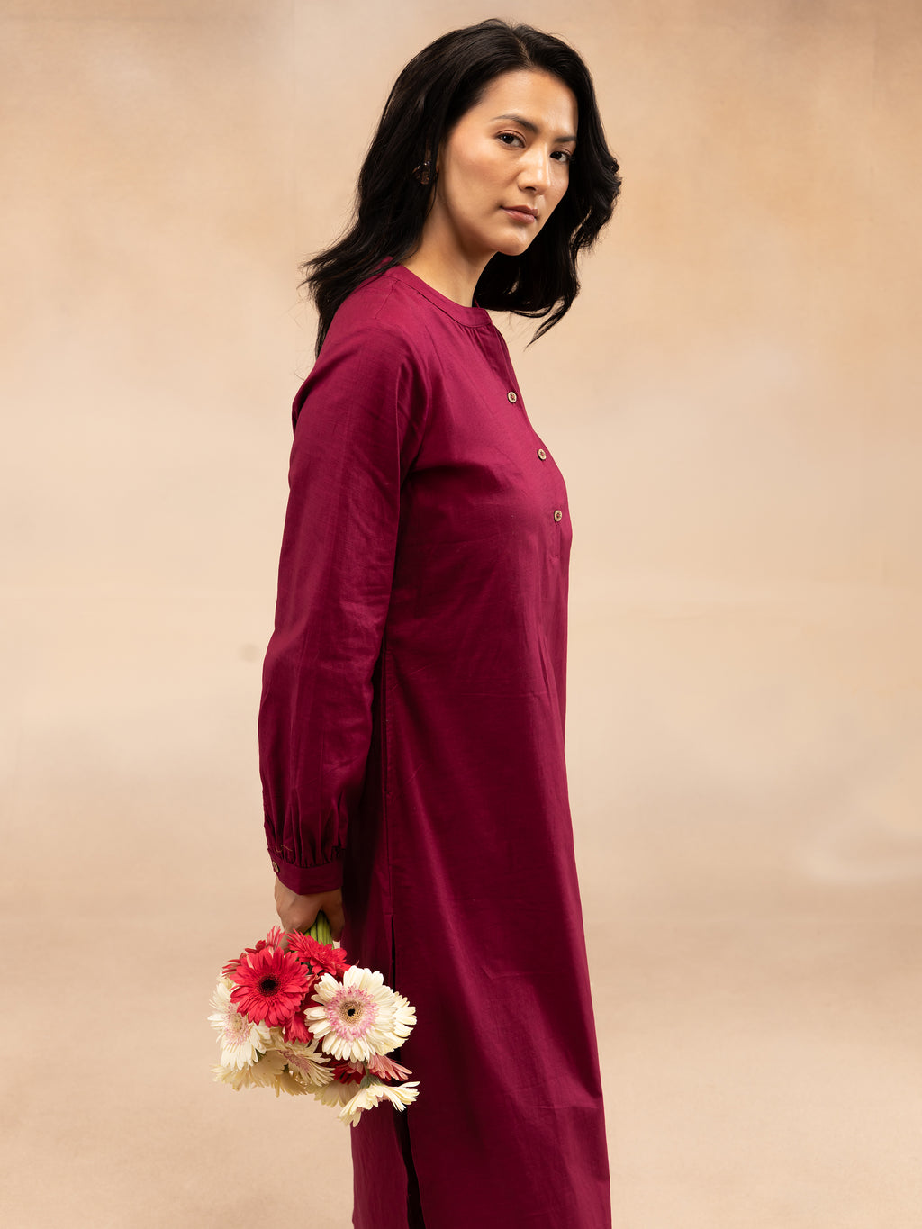 Women Magenta Cotton Slub Pleated Kurta Set with Wide-Leg Palazzo Pants