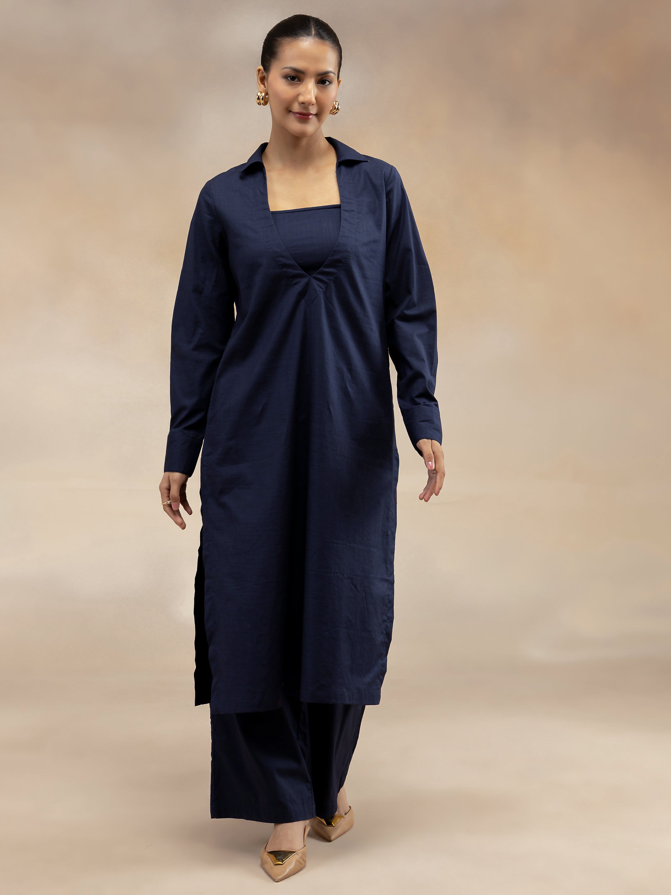 Women Navy Cotton Slub 3-Piece Kurta Set