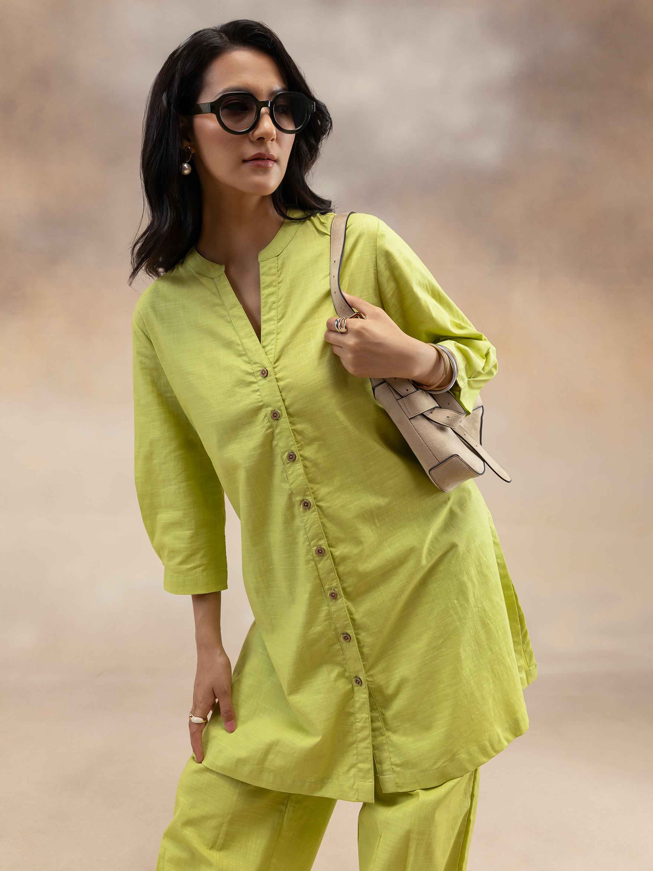 Women Lime Green Solid Cotton Slub Kurta Co-Ord Set