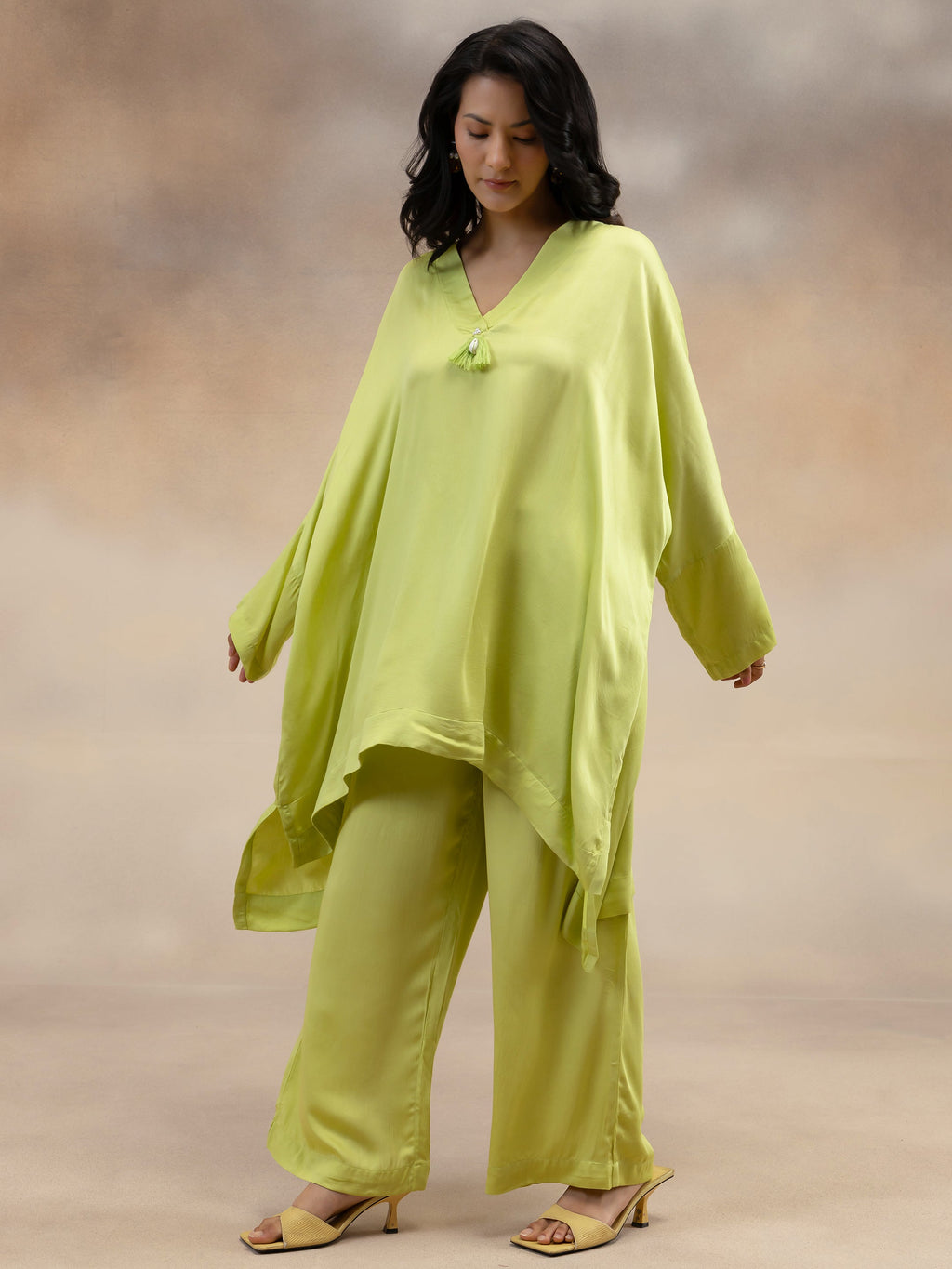 Women Lime Green Kaftan-Style Kurta & Palazzos Co-ord Set