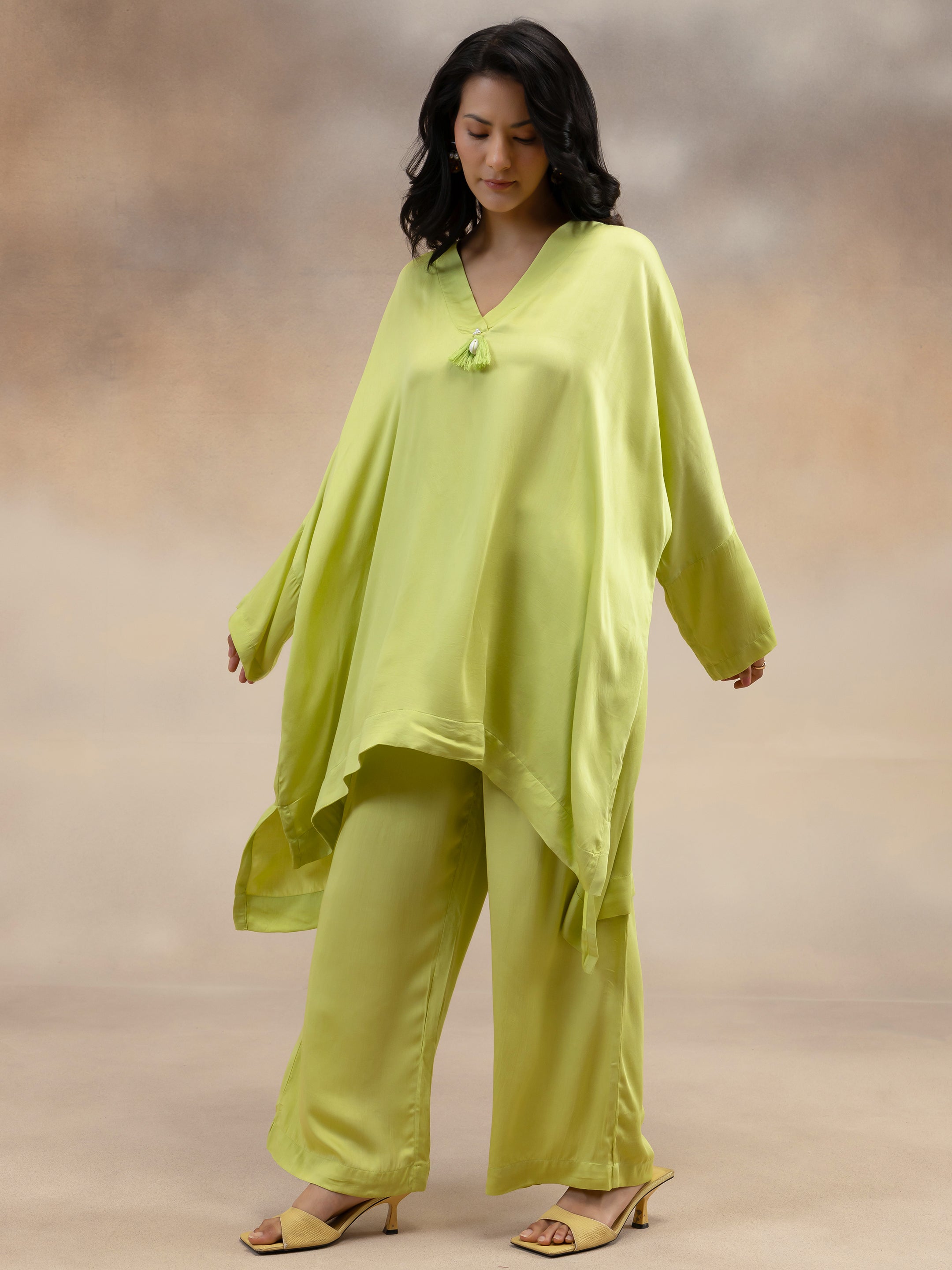Women Lime Green Kaftan-Style Kurta & Palazzos Co-ord Set