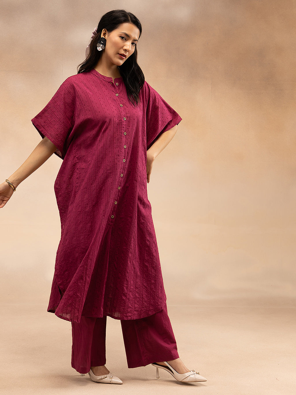 Women Magenta Cotton Dobby Kaftan