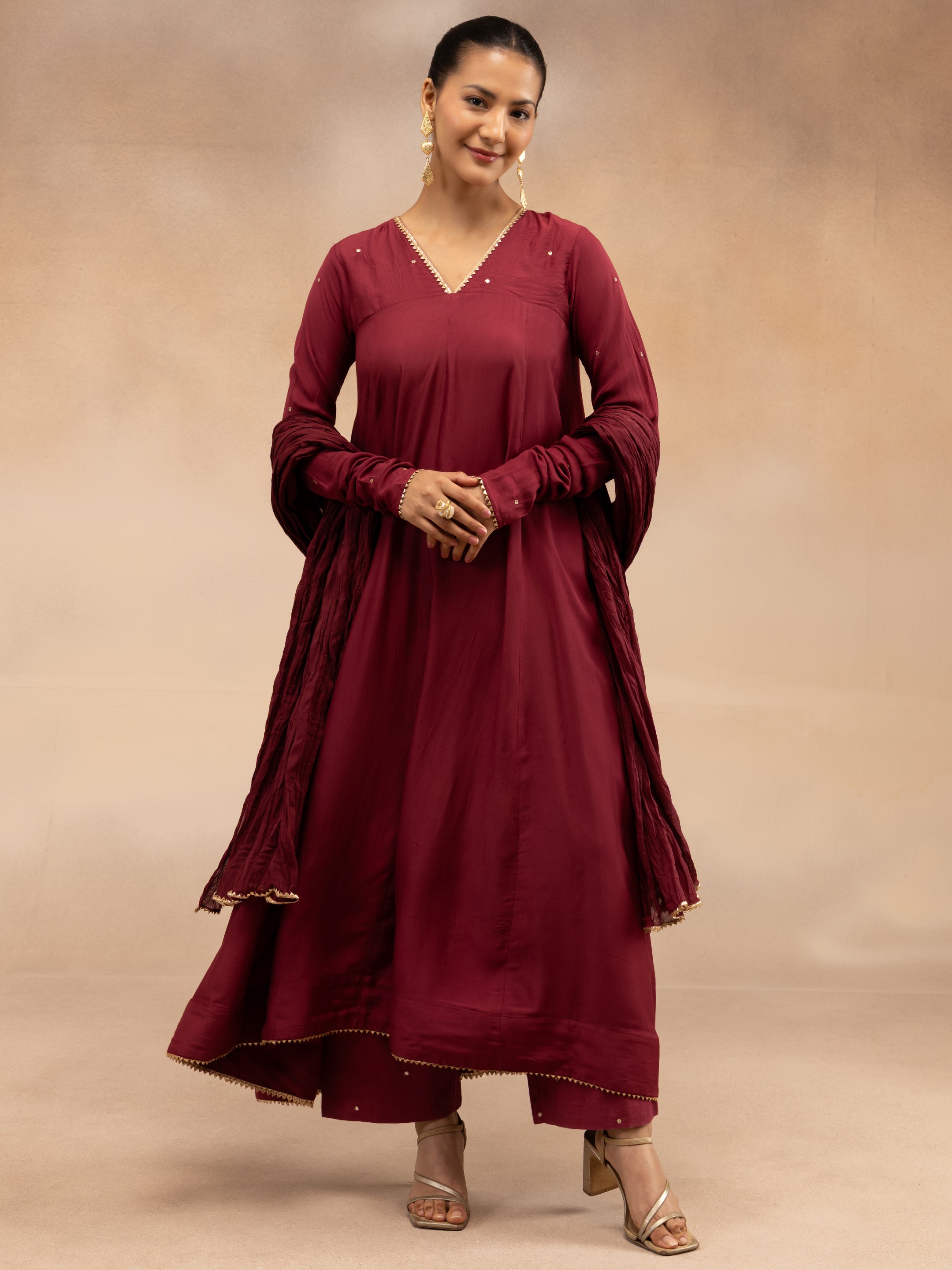 Women Maroon Solid Zari Embroidered Anarkali Dress with Crushed Dupatta