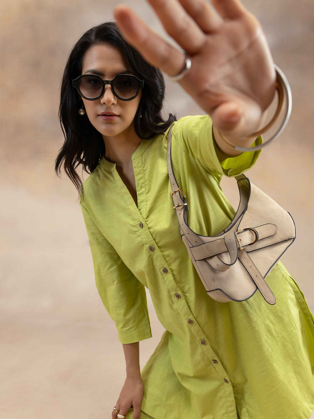 Women Lime Green Solid Cotton Slub Kurta Co-Ord Set
