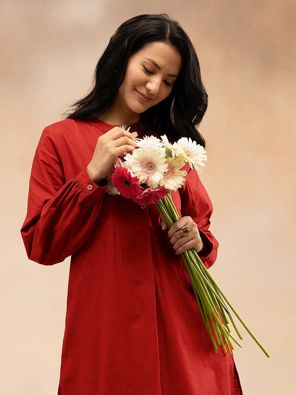 Women Red Cotton Slub Pleated Kurta