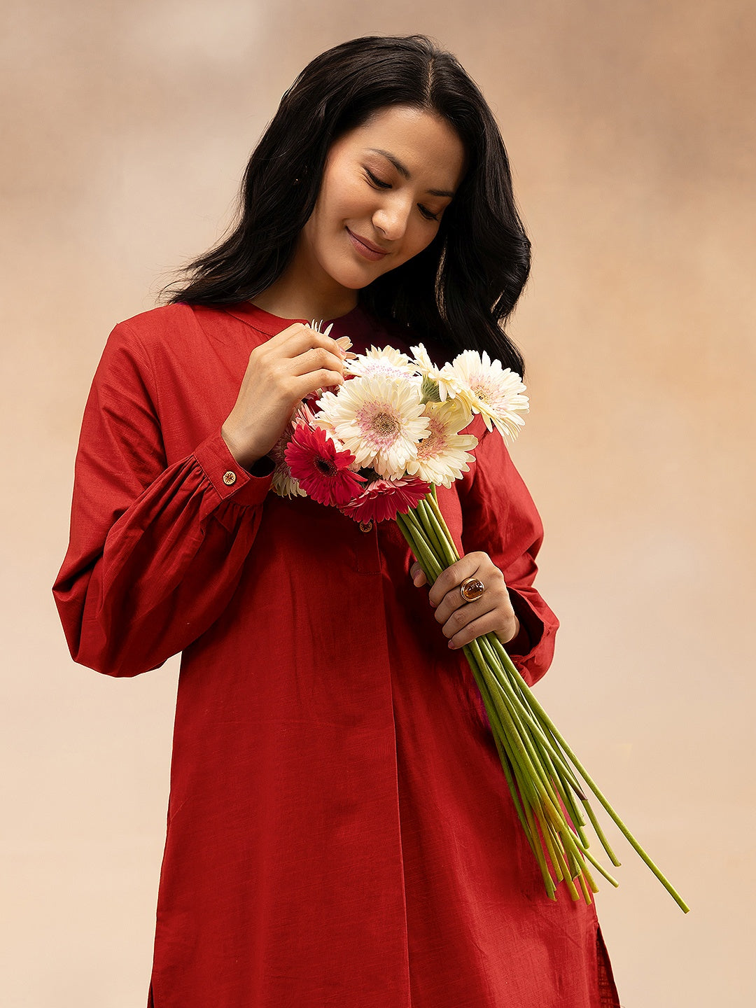 Women Red Cotton Slub Pleated Kurta