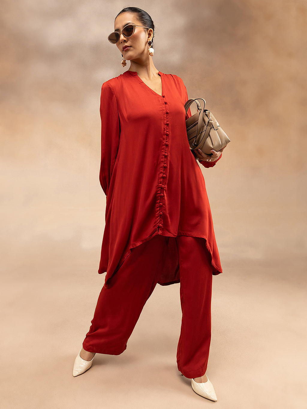 Women Red Modal Asymmetric Hem Kurta