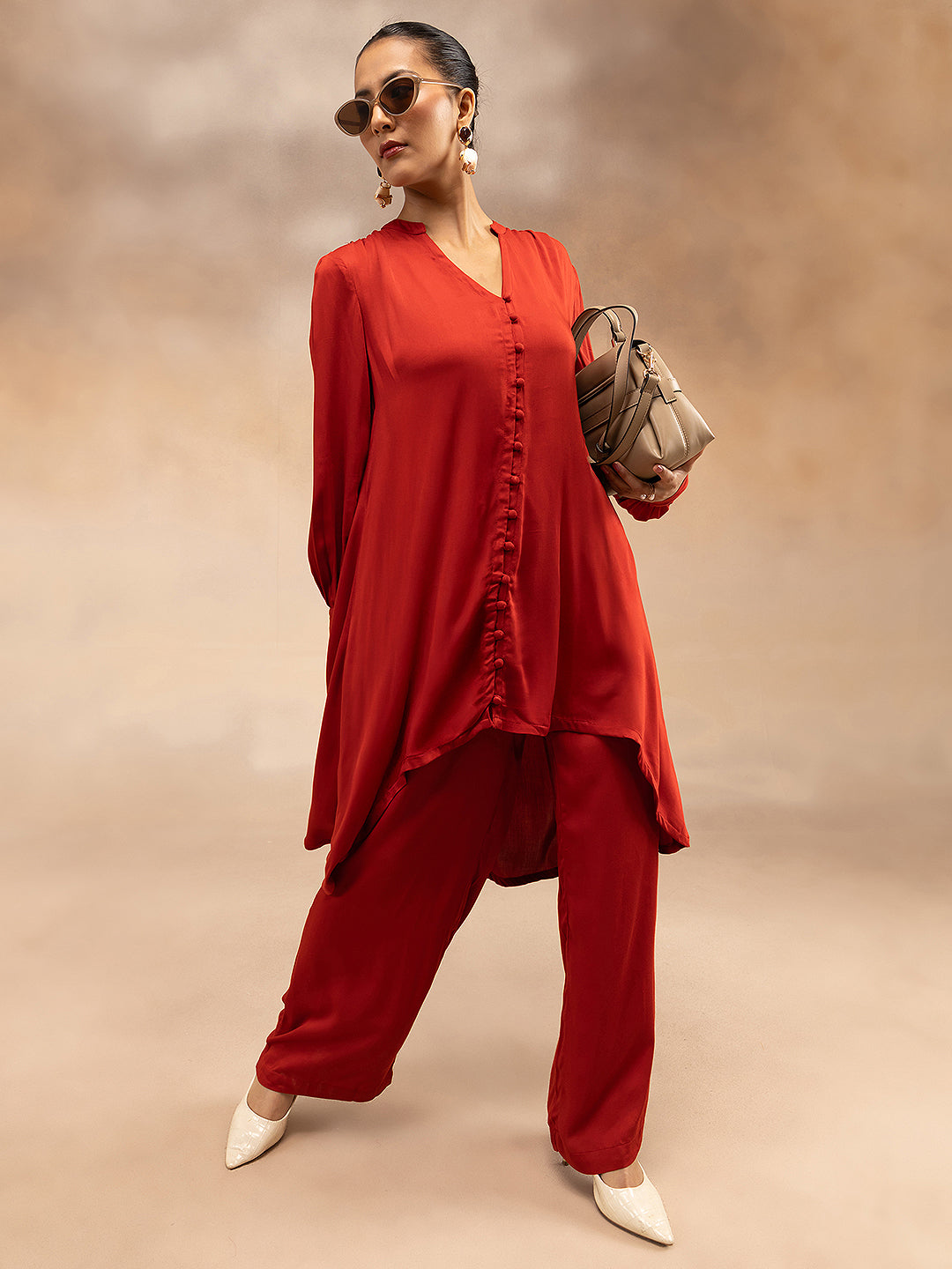 Women Red Modal Asymmetric Hem Kurta