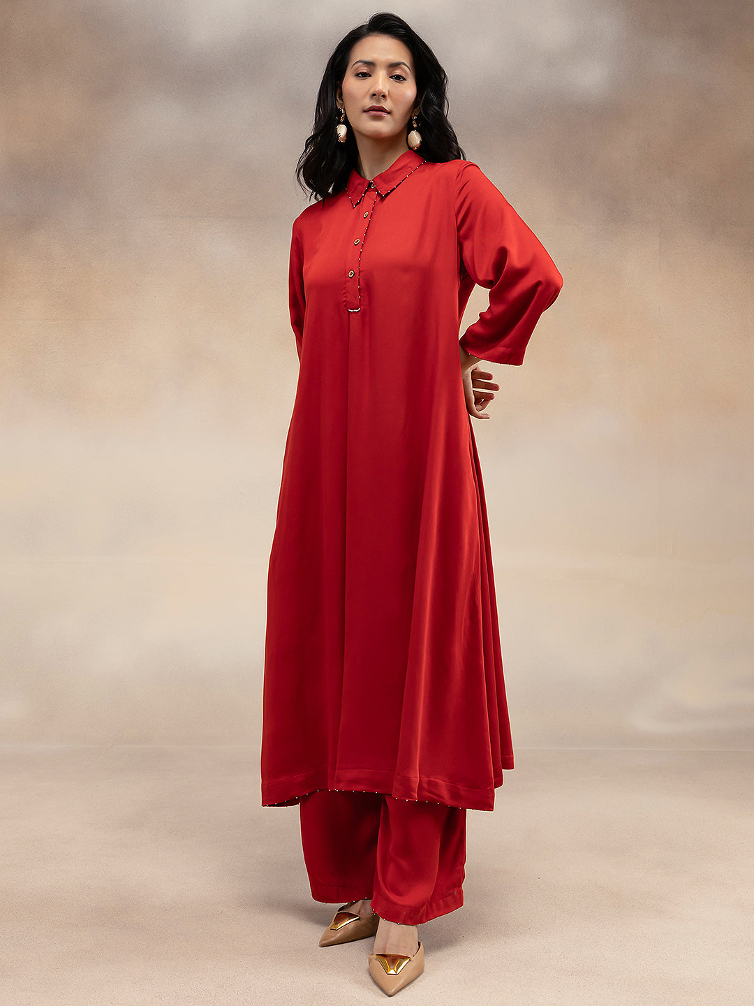 Women Red Modal Kurta with Bead Embellishment