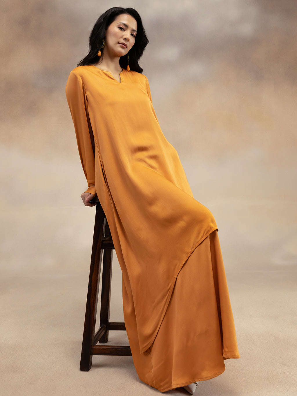 Women Rust Solid Modal Layered Maxi Dress