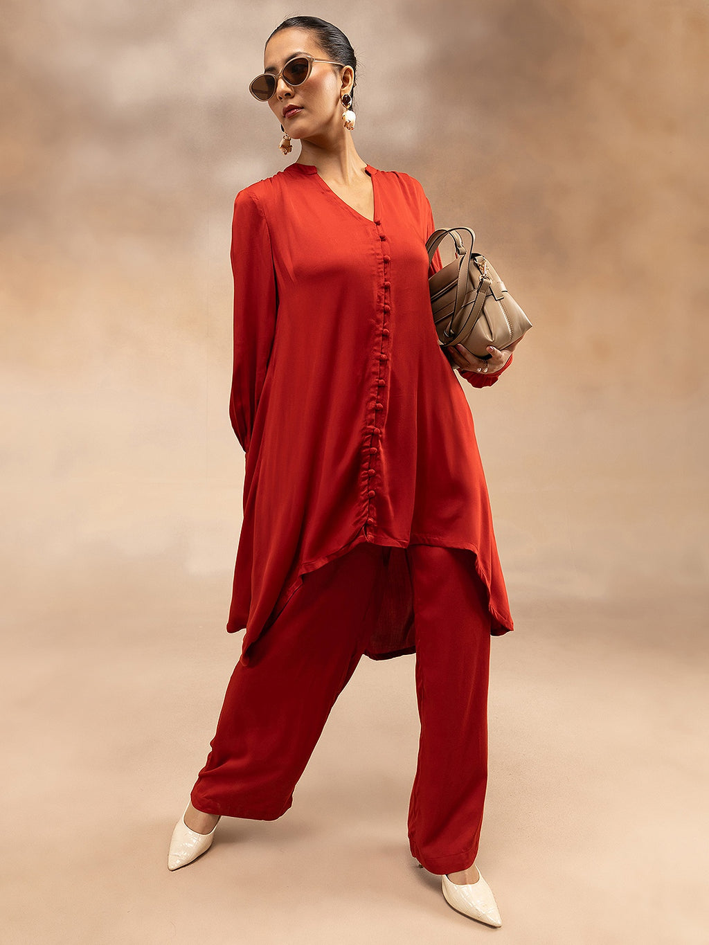Women Red Modal Asymmetric Hem Kurta Set