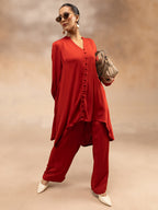 Women Red Modal Asymmetric Hem Kurta Set