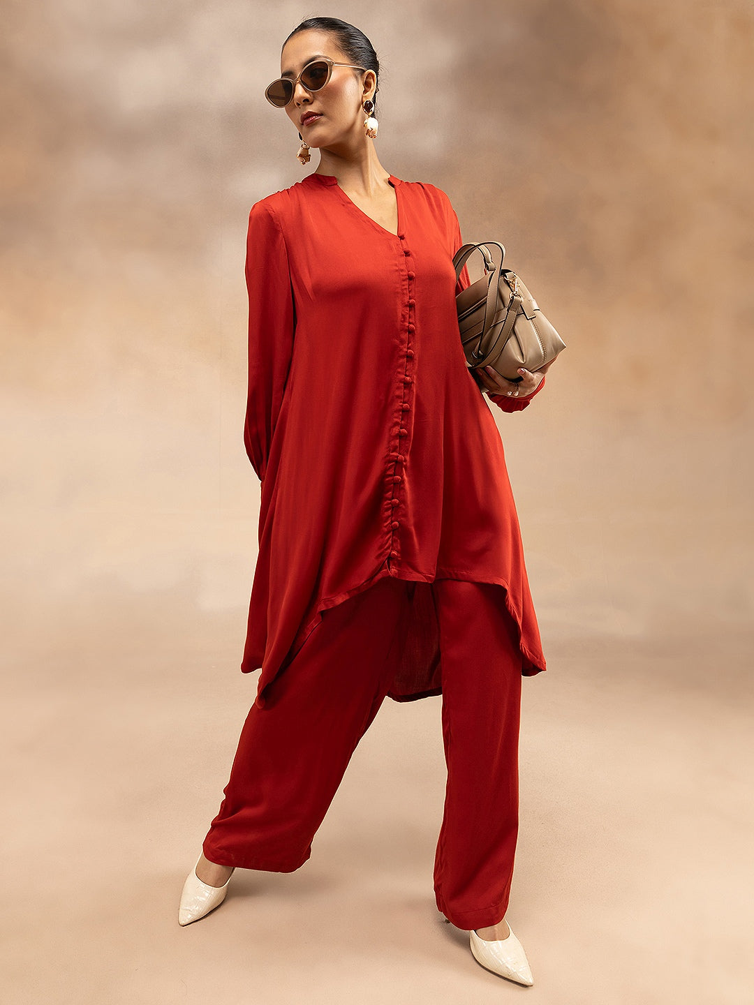Women Red Modal Asymmetric Hem Kurta Set